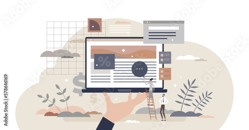 Building e-commerce and online store layout planning project tiny person concept, transparent background. Company website interface design programming and responsive retail site optimization.