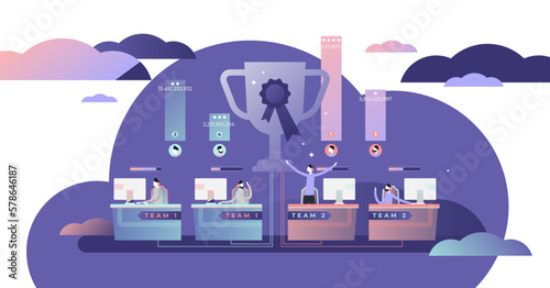 Cyber sports illustration, transparent background. Virtual game type in flat tiny persons concept. E-sports process with participant teams and opponents.