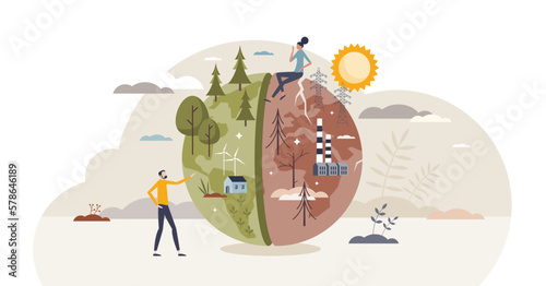 Climate change and environment pollution with warming tiny person concept, transparent background. Greenhouse gases impact on nature temperature and sustainability illustration.