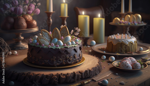 beautiful Easter eggs on a birthday cake . created with the help of artificial intelligence.