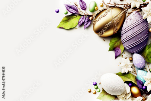 Easter colourful frame with Easter eggs and spring flowers on white background. Easter greeting card with copy space. AI generative.