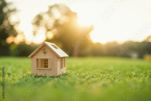 A model of miniature wooden houses on lawn grass in the backlight of sunset. Generative AI.