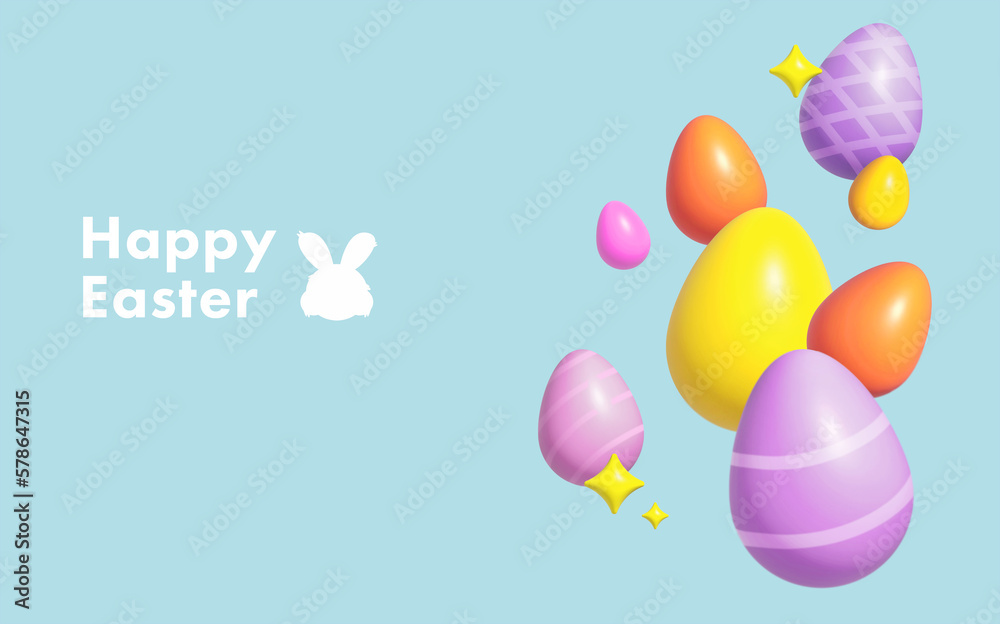 Easter poster and banner template with Easter eggs on a blue background. Happy Easter banner, easter congratulations. Horizontal poster, greeting card, website header, minimalist style. 3D design