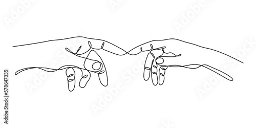 Two hands touch each other in one line art. The concept of tender relationships, mutual assistance, sincere feelings. Vector illustration. 