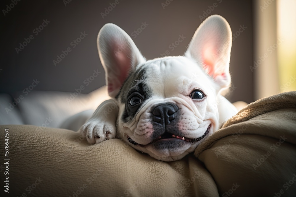 in close White French bulldog puppy smiling for the camera as it lounges at home on a lazy Sunday. Generative AI