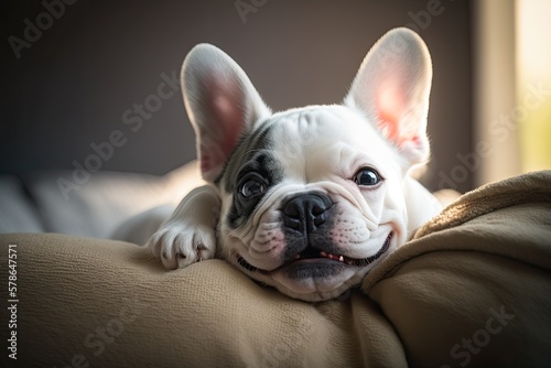in close White French bulldog puppy smiling for the camera as it lounges at home on a lazy Sunday. Generative AI © 2rogan
