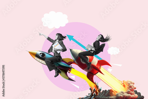 Art collage.  Launch of a red rocket with a smiling business woman. Successful defeat competition concept. Leadership, leading to success or business vision concept photo