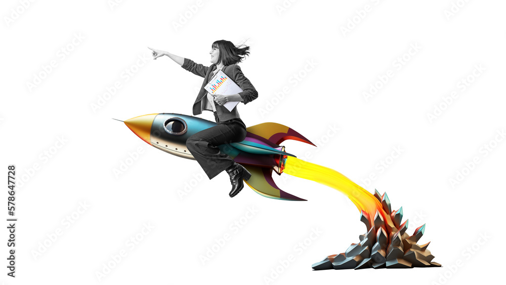 Art collage. Launch of a red rocket with a smiling business woman. on isolated PNG Background. Successful start up concept. Leadership, leading to success or business vision concept - obrazy, fototapety, plakaty 