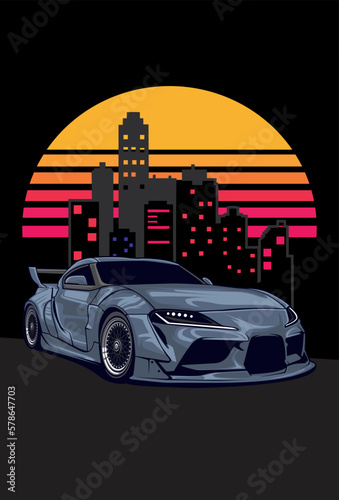 sports car vector template in with buildings background, can use auto modified logo t shirt, clothing, sticker group community, poster, flyer banner 
