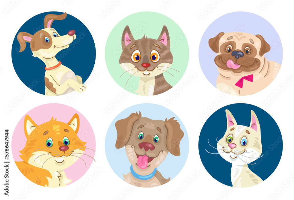 National Pet Day. Portraits of funny cats and dogs. Avatar icons in the circle. In cartoon style. Isolated on white background. Vector flat illustration