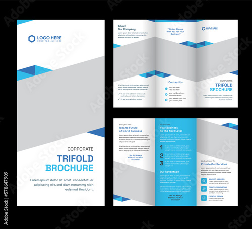 Corporate trifold brochure template. Modern, Creative, and Professional tri-fold brochure vector design. Simple and minimalist layout with blue and orange colors. Corporate Business Trifold Brochure.