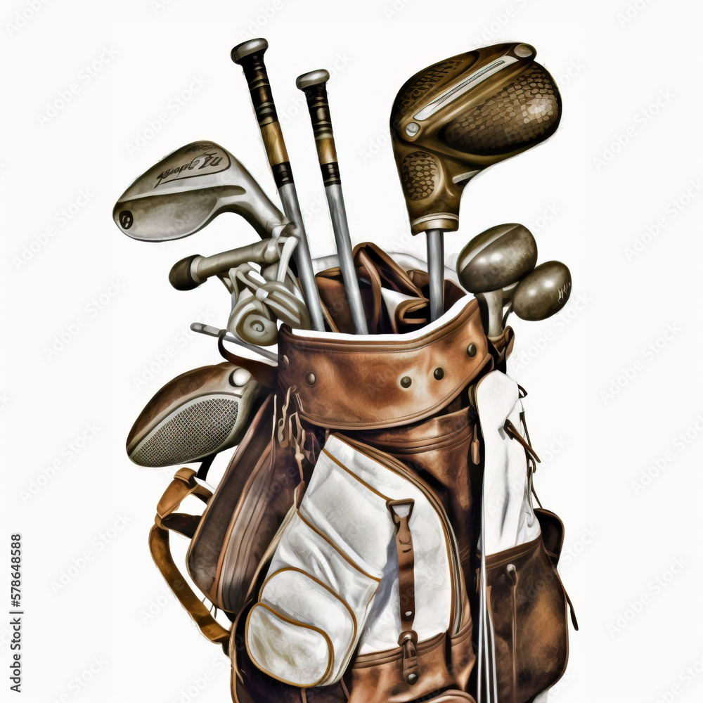 Watercolor of vintage golf bag on white background created with Generative AI technology Stock