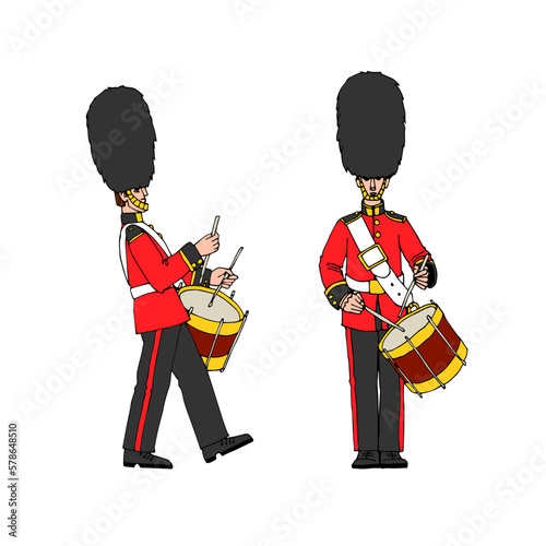 A royal drummer wearing a bearskin hat. Festive military band. Color vector illustration with black contour lines isolated on a white background in a cartoon style.