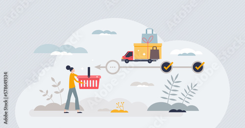 Online shopping with purchase delivery from website store tiny person concept. E-commerce with digital buying platform vector illustration. Internet product orders with shipping tracking service.