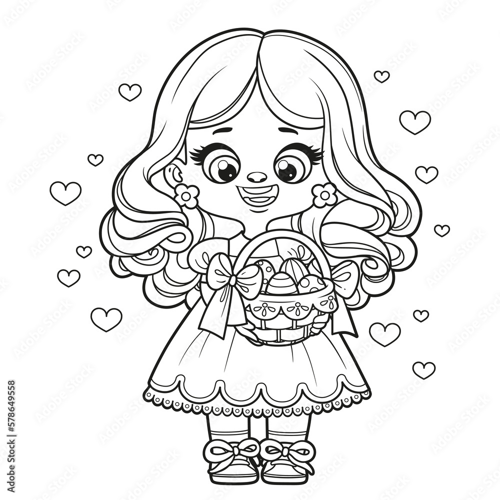 Cute cartoon girl with easter basket outlined for coloring page on white background Cute cartoon girl with easter basket outlined for coloring page on white background