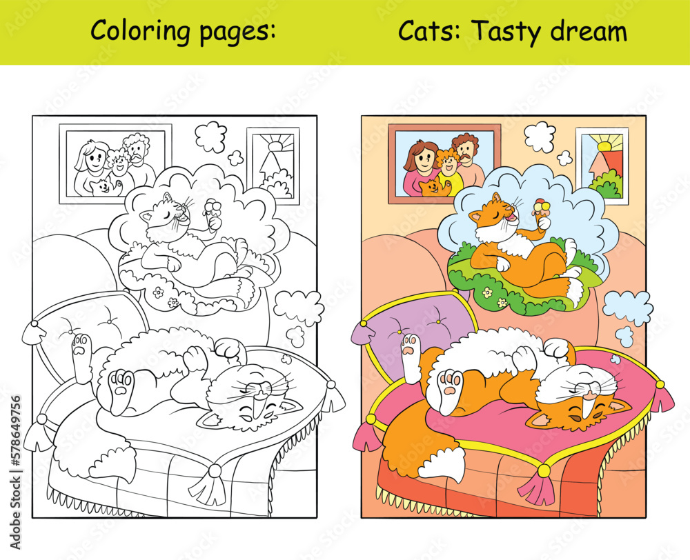 Fototapeta premium Coloring and color cat lying on pillows vector
