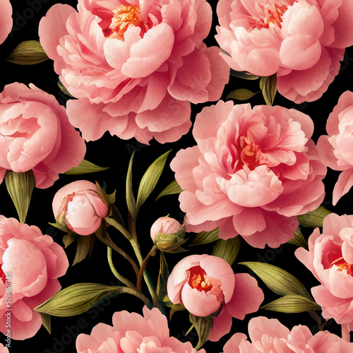 Seamless vector background with pink peonies.	