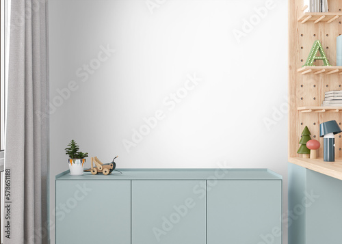 Wallpaper presentation mock up. Kids room furniture and accessories on transparent background. Copy space for wallpaper design, wall panels, photo wallpaper, print or paint. Children room interior