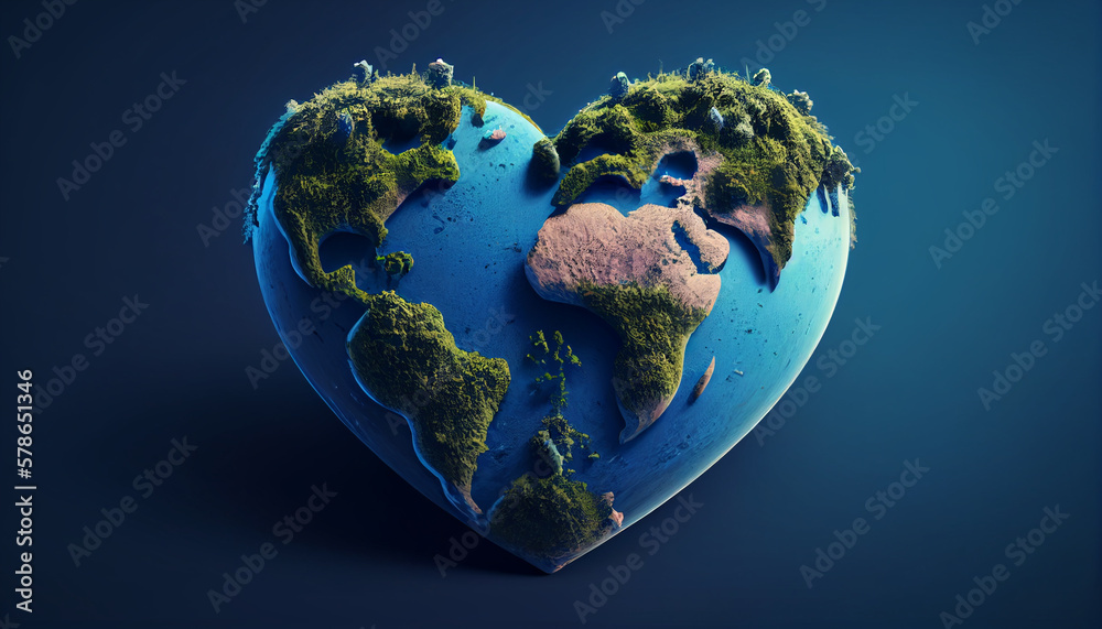 Fototapeta premium Heart-shaped earth on dark blue gradient background. Generative AI