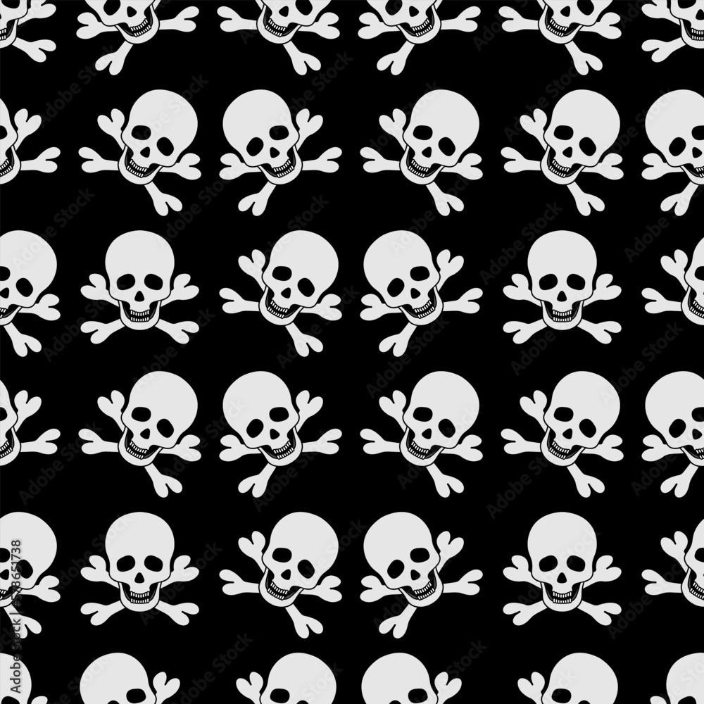 White skull and crossbones. Repeating vector pattern. Pirate symbol seamless pattern. Part of the skeleton. Isolated black background. Jaw with straight teeth. Hollows instead of eyes and nose. White skull and crossbones. Repeating vector pattern. Pirate symbol seamless pattern. Part of the skeleton. Isolated black background. Jaw with straight teeth. Hollows instead of eyes and nose.