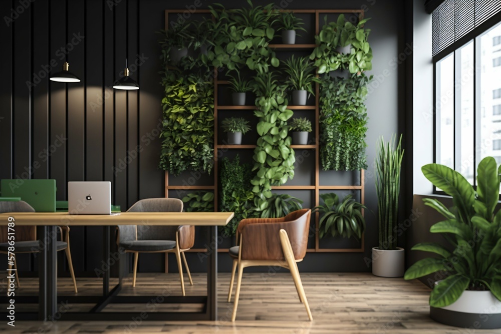 Office interior design with wall plants, wood, industrial. Generative AI