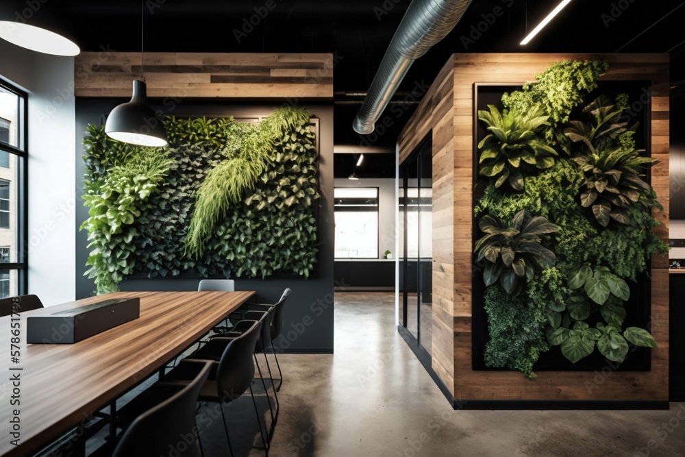 Office interior design with wall plants, wood, industrial. Generative ...