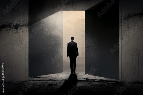 Back view of businessman walking to the bright light gate background, success and leadership concept, generative ai