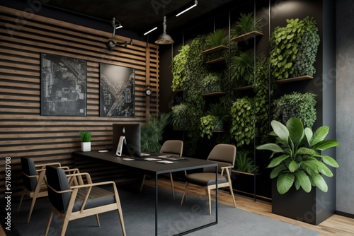 Office interior design with wall plants, wood, industrial. Generative AI