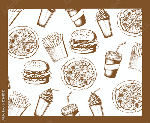 Vintage pattern patern on the theme of fast food. Design for banner, card, poster. Vector black and white elements.