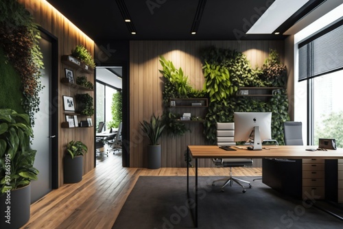 Office interior design with wall plants, wood, industrial. Generative AI © Scrudje