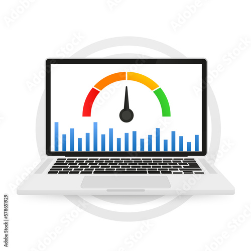Laptop with speed test on the screen. Website loading optimization Page speed and SEO. Website speed. Loading time. Page optimization. Vector illustration