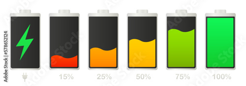 Discharged and fully charged smartphone battery. Set of battery level indicators. Wireless charging energy sign. Set of electricity accumulators. From zero to one hundred percent. Vector illustration