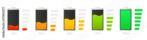 Discharged and fully charged smartphone battery. Set of battery level indicators. Wireless charging energy sign. Set of electricity accumulators. From zero to one hundred percent. Vector illustration