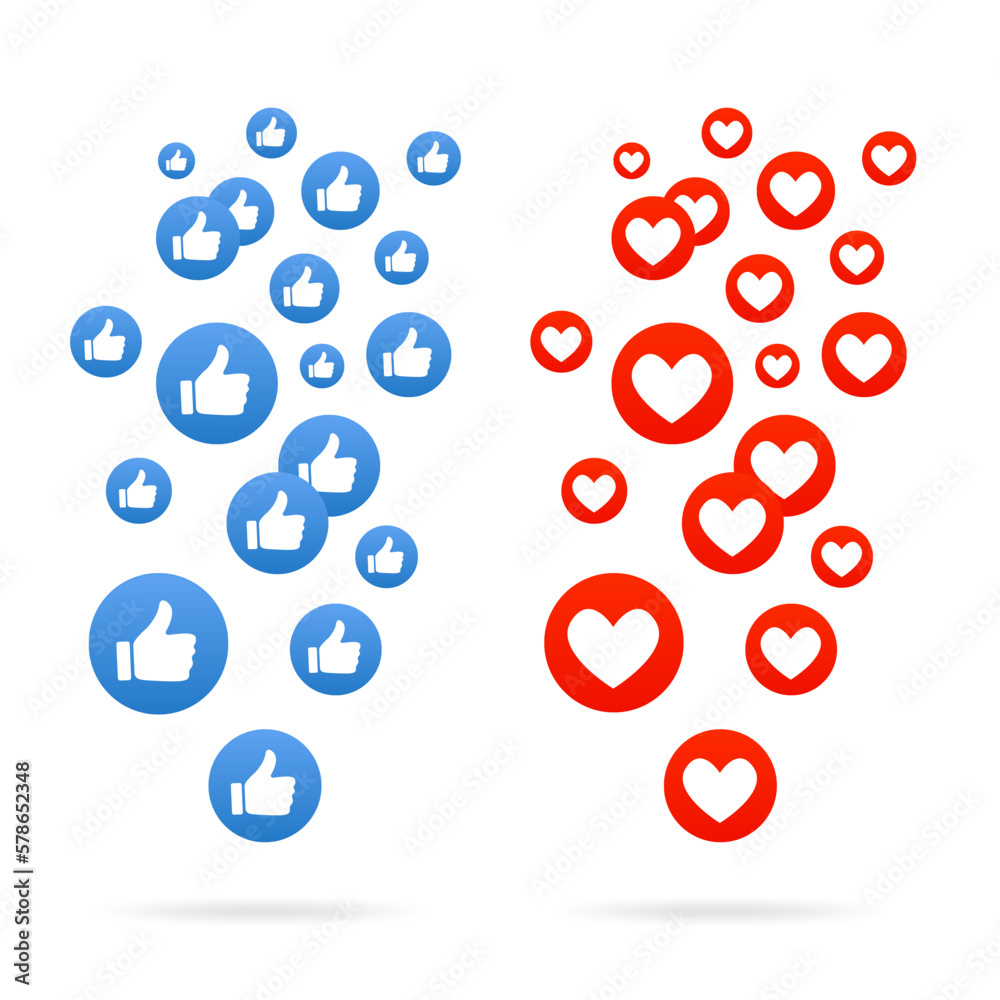 Like and Heart. Thumbs up. Flying hearts. Red hearts of different sizes fly away. Social nets blue thumb up. Social media concept. Blogging. Vector illustration Like and Heart. Thumbs up. Flying hearts. Red hearts of different sizes fly away. Social nets blue thumb up. Social media concept. Blogging. Vector illustration