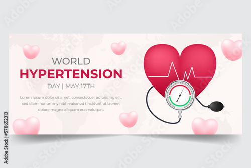 World hypertension day May 17th horizontal banner with heart rate and tension meter illustration