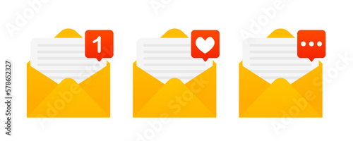 Gmail envelope icon set with new message marker. Email notification heart missed. Notifications for mobile applications and websites. Vector illustration