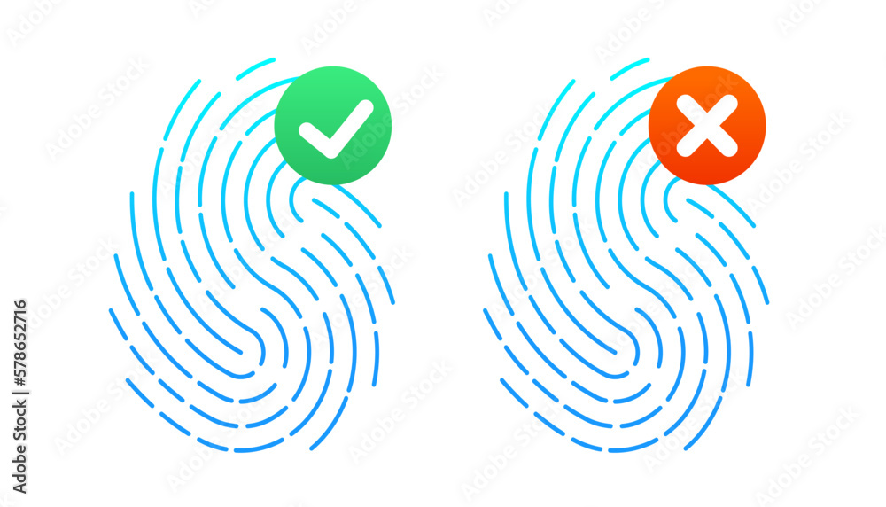 Fingerprint scanner tick and cross. Confirmation and error. Biometric fingerprint password with lock and shield icon. Touch ID. Secure login authentication. Cyber shield. Vector illustration Fingerprint scanner tick and cross. Confirmation and error. Biometric fingerprint password with lock and shield icon. Touch ID. Secure login authentication. Cyber shield. Vector illustration