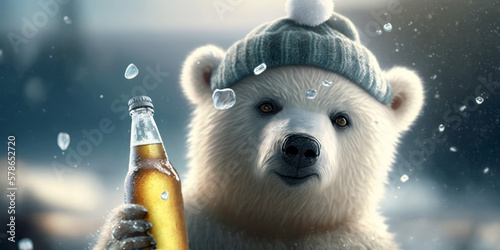 Generative AI Polar bear with a bottle of beer in winter.
