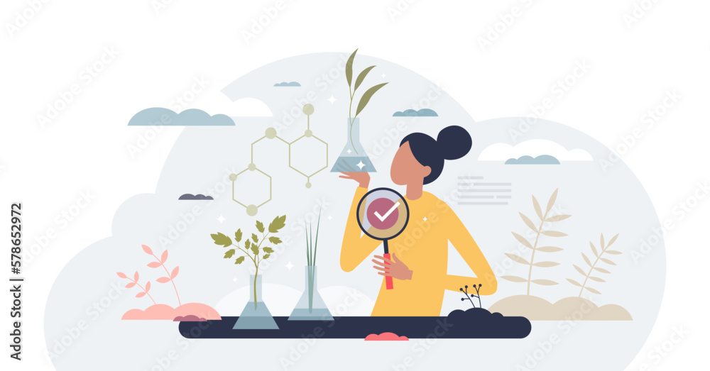 Ecology research and innovation with nature scientific analysis tiny person concept, transparent background. Biological tests with growing plants from biochemistry gene aspect illustration.