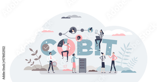 COBIT or Control for Objectives Information Technologies tiny person concept, transparent background. Standard framework and IT process management illustration.