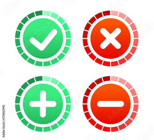 Permission buttons set. Flat design. Test question. Green Check Mark and Red Cross in two variants (square and rounded corners). Vector illustration