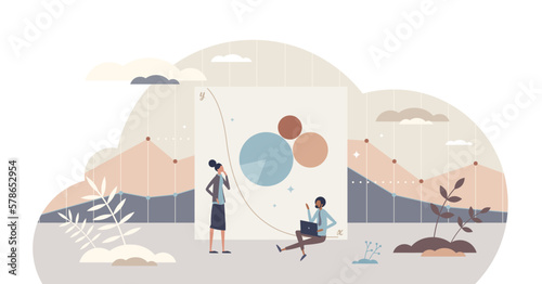 Data science and info collection  processing knowledge tiny person concept  transparent background. Learning about graphic analysis and math diagram measurements illustration.