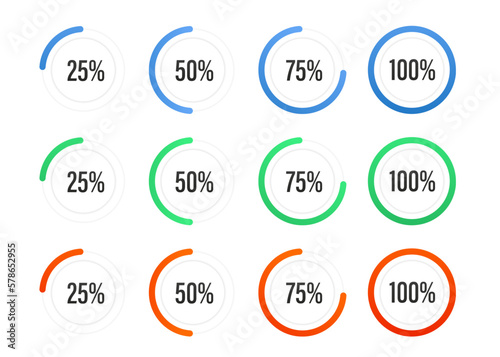 Set of circle percentage charts for infographics, 25, 50, 75, 100 percent. Loading circle bar icon set. Countdown icons. Vector illustration