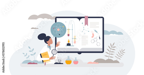 Education of the biology and chemistry as university nature science tiny person concept, transparent background. Chemical reactions knowledge learning with living organisms.