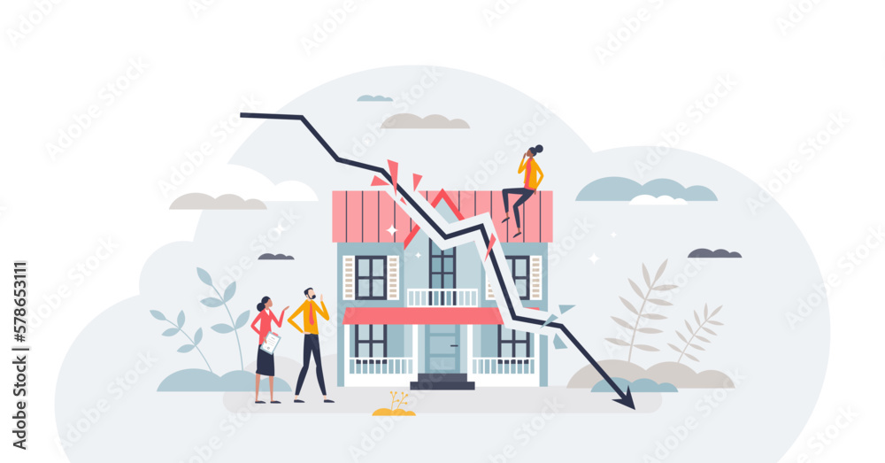Housing market crash with price drop and decline in home sales tiny person concept, transparent background. Real estate property purchase recession and value collapse illustration.