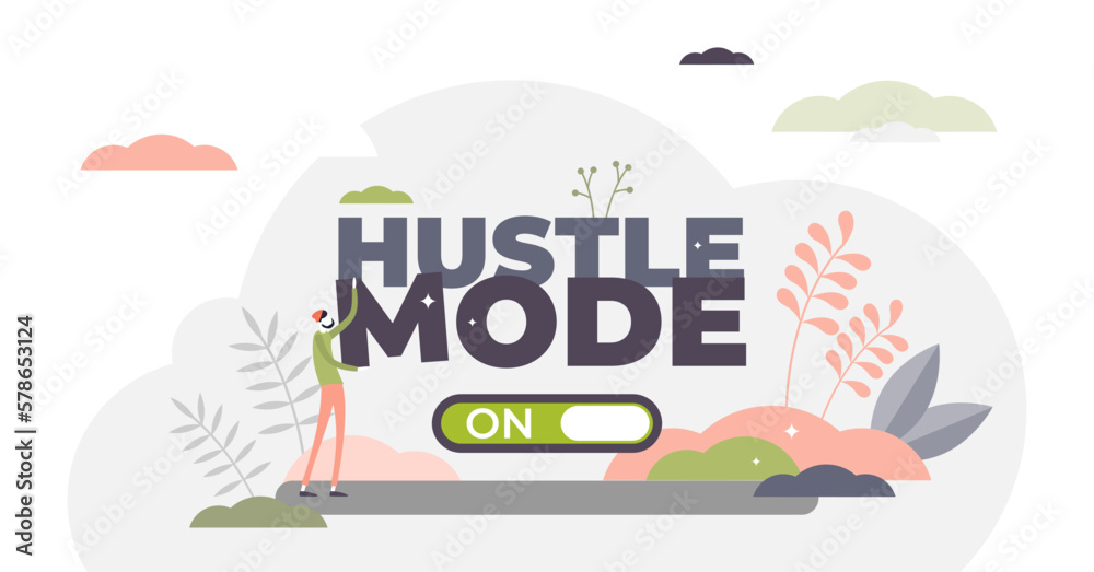 Hustle mode on illustration, transparent background. Business challenge and confidence in tiny persons concept. Rapid and energetic work to success development. Lifestyle attitude method for personal.