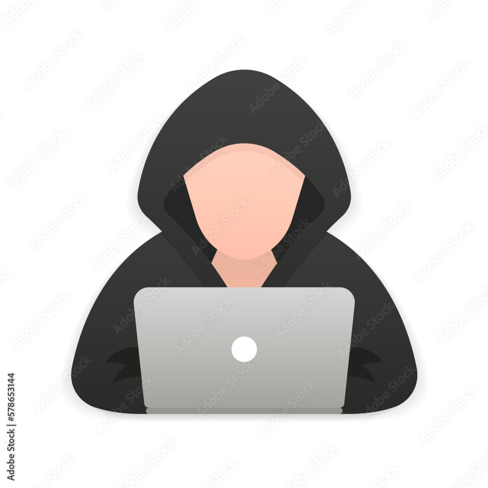 Hacker, Cyber criminal with laptop stealing user personal data. Hacker attack and web security. Internet phishing concept. Flat illustration of a hacker on a laptop for web design. Vector illustration Hacker, Cyber criminal with laptop stealing user personal data. Hacker attack and web security. Internet phishing concept. Flat illustration of a hacker on a laptop for web design. Vector illustration
