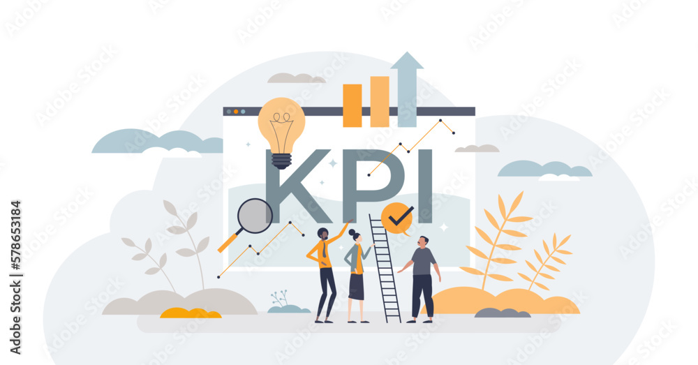 KPI or key performance indicator, measuring performance tiny person concept, transparent background. Data evaluation for organization success and activity improvement illustration.