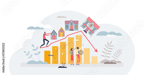 Housing market crash with price drop and decline in home sales tiny person concept, transparent background. Real estate property purchase recession and value collapse illustration. © VectorMine