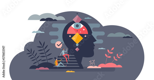 Intuition knowledge, inner intelligence and gut feeling tiny person concept, transparent background. Feeling inside head and mental insight in future thoughts illustration.